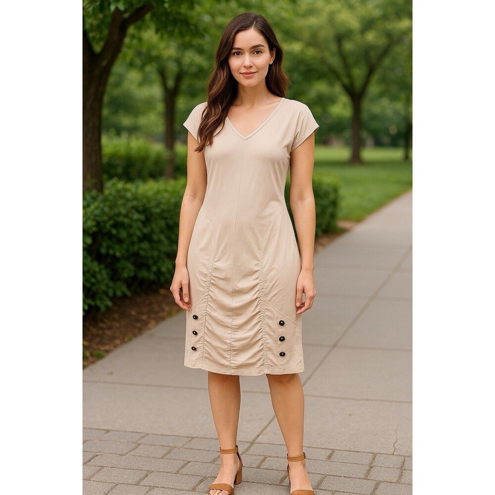 XCVI Womens Medium Beige Lightweight Woven Ruched Boho‎ Travel Minimalist Dress